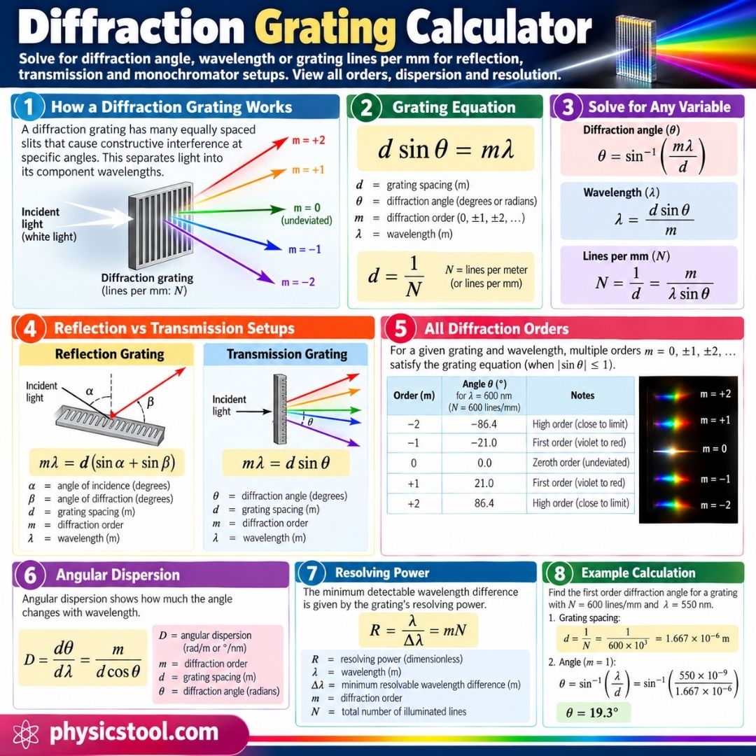 Defreactoon Grating Diffraction Grating Calculator for Angle, Order and Lines